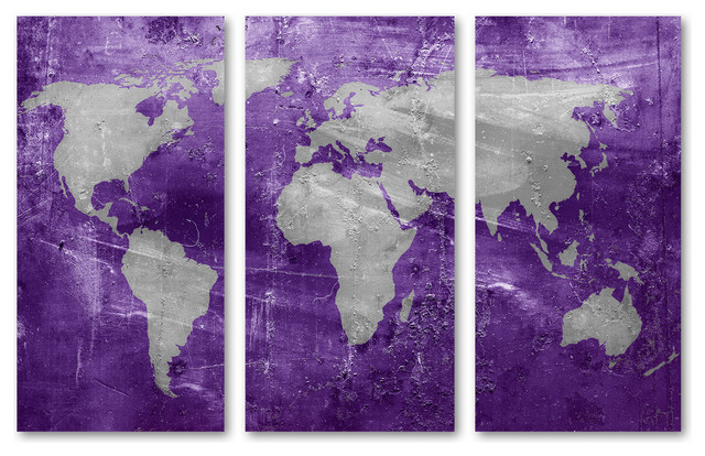 Purple and Silver World Map Canvas Print 3 Panel Split, Triptych Wall ...