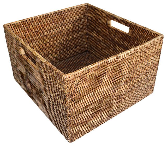 Rattan Basket Square Open With Cutout Handle Tropical Baskets by