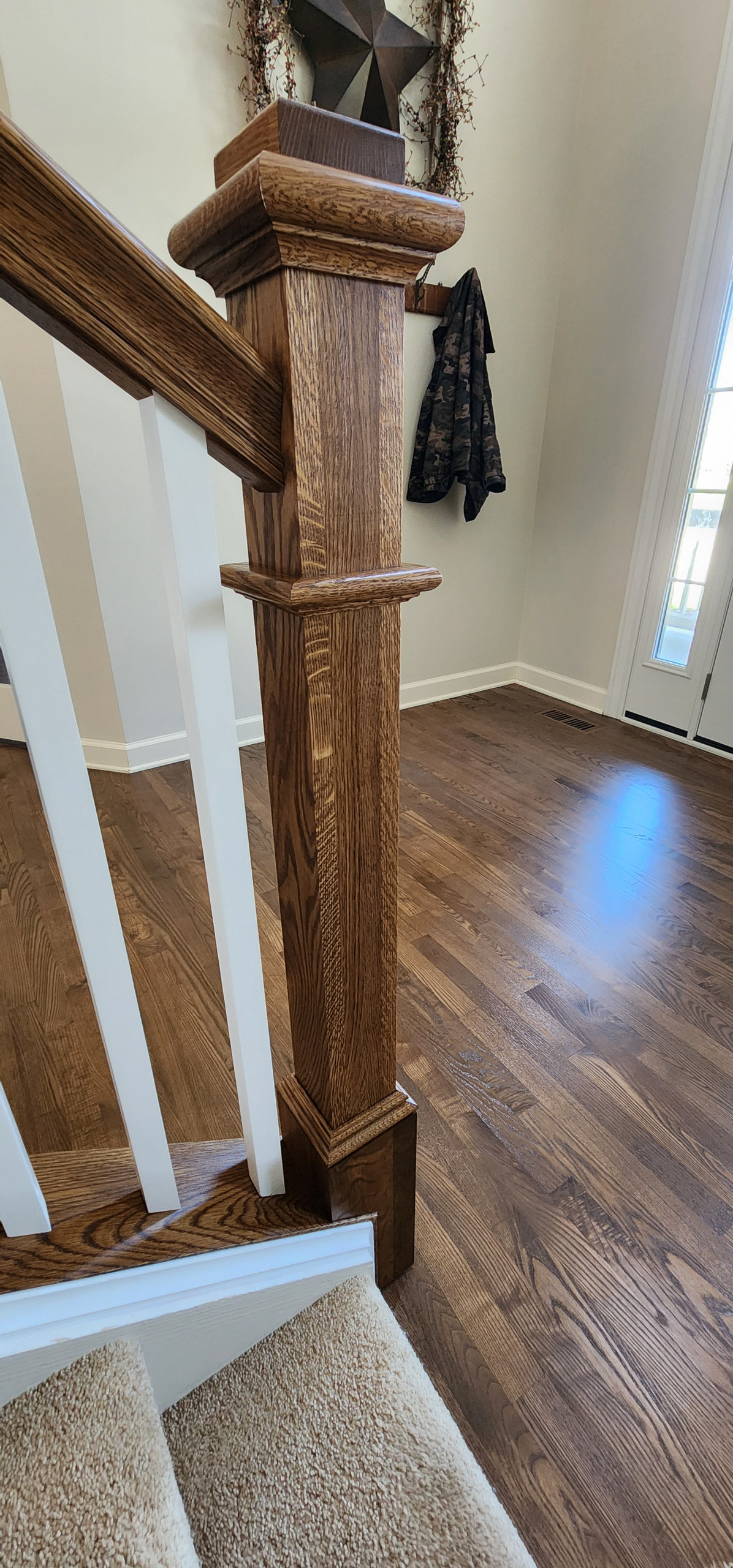 White Oak Provincial Box Newels with square white balusters