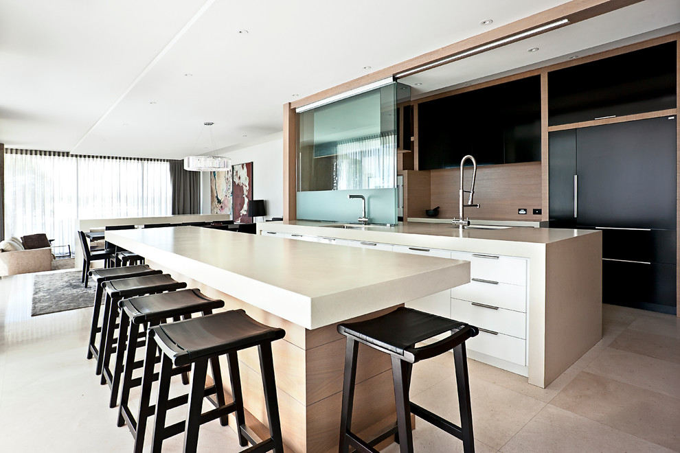Inspiration for a contemporary open plan kitchen in Perth with an undermount sink, flat-panel cabinets, brown splashback, timber splashback, panelled appliances and with island.
