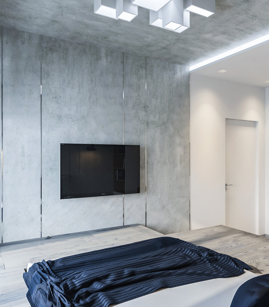 Inspiration for a mid-sized contemporary master bedroom in Moscow with grey walls, light hardwood floors, no fireplace, grey floor and recessed.