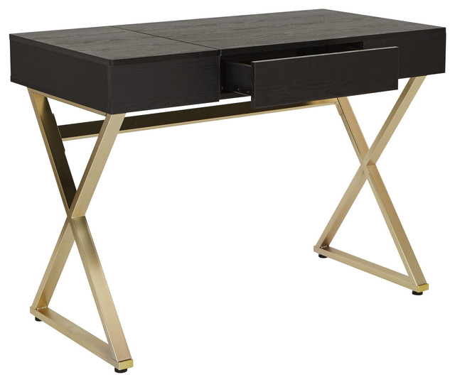 Andrea Desk With Power Black Top And Matte Gold Legs Contemporary Andrea Desk With Power Black Top And Matte Gold Legs