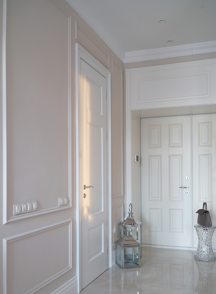 Transitional front door in Moscow with beige walls, a double front door, a white front door and beige floor.