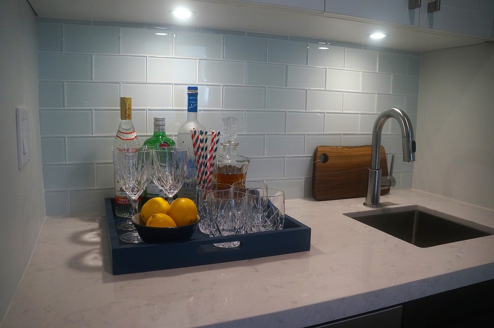 Inspiration for a transitional galley dark wood floor kitchen remodel in Toronto with an undermount sink, shaker cabinets, white cabinets, quartz countertops, blue backsplash, glass tile backsplash, stainless steel appliances and an island