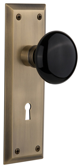 New York Plate Privacy Black Porcelain Knob Satin Nickel