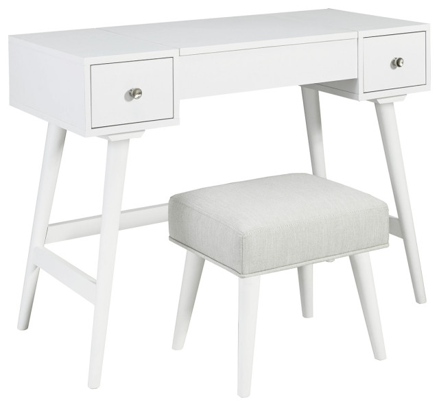 Thadamere White Vanity With Stool Midcentury Bedroom & Makeup