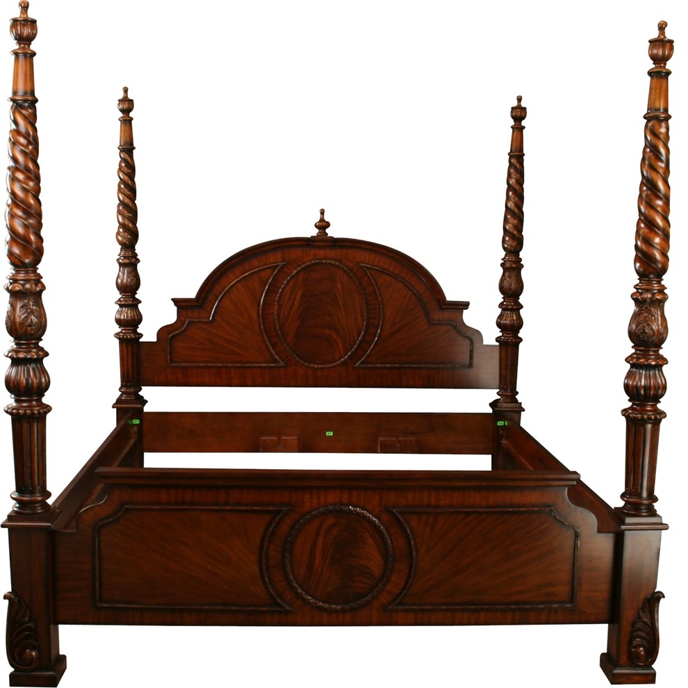 King Bed Mahogany Marquetry Cameo Arched Spiral Four Poster Bed