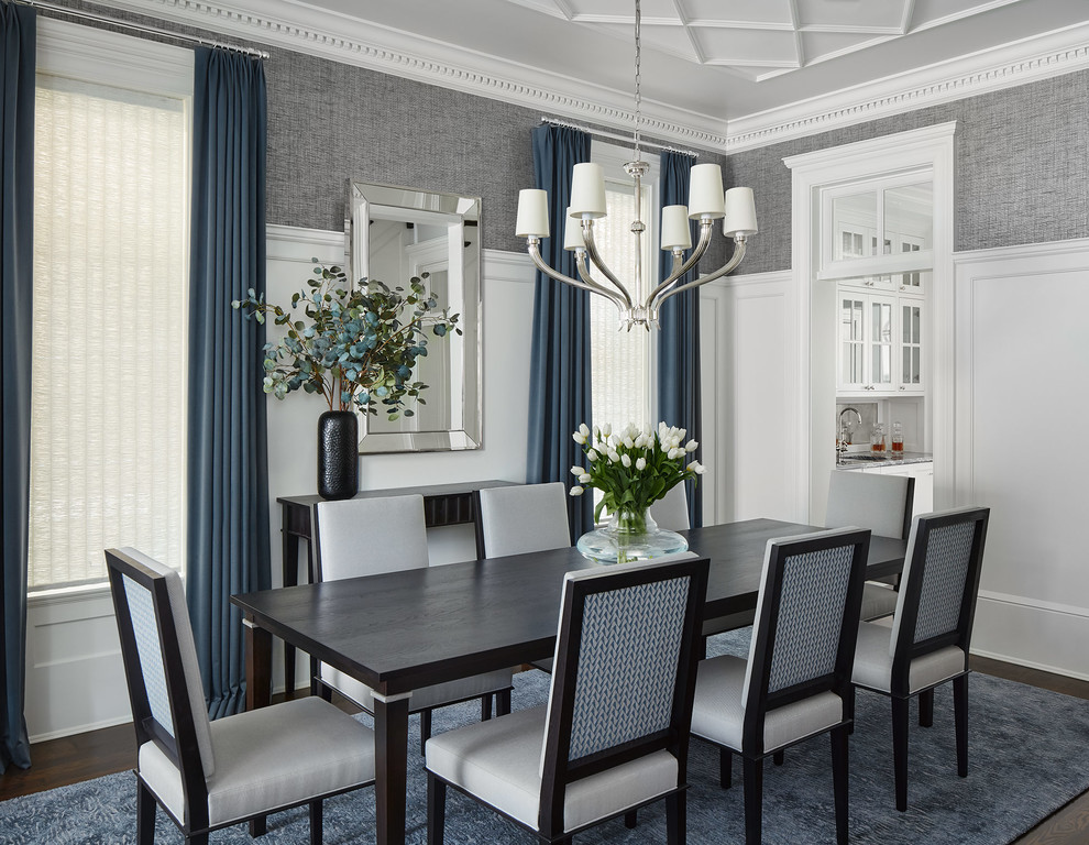 Mid-sized elegant dark wood floor and brown floor enclosed dining room photo in Chicago with gray walls and no fireplace