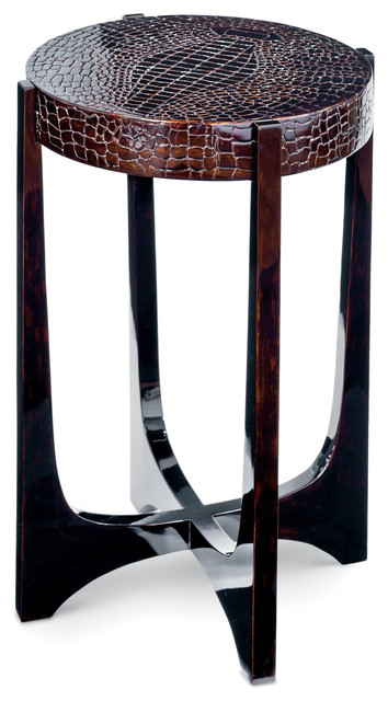 Irwin Hollywood Regency Brown Faux Crocodile Lacquer Wood Side Table