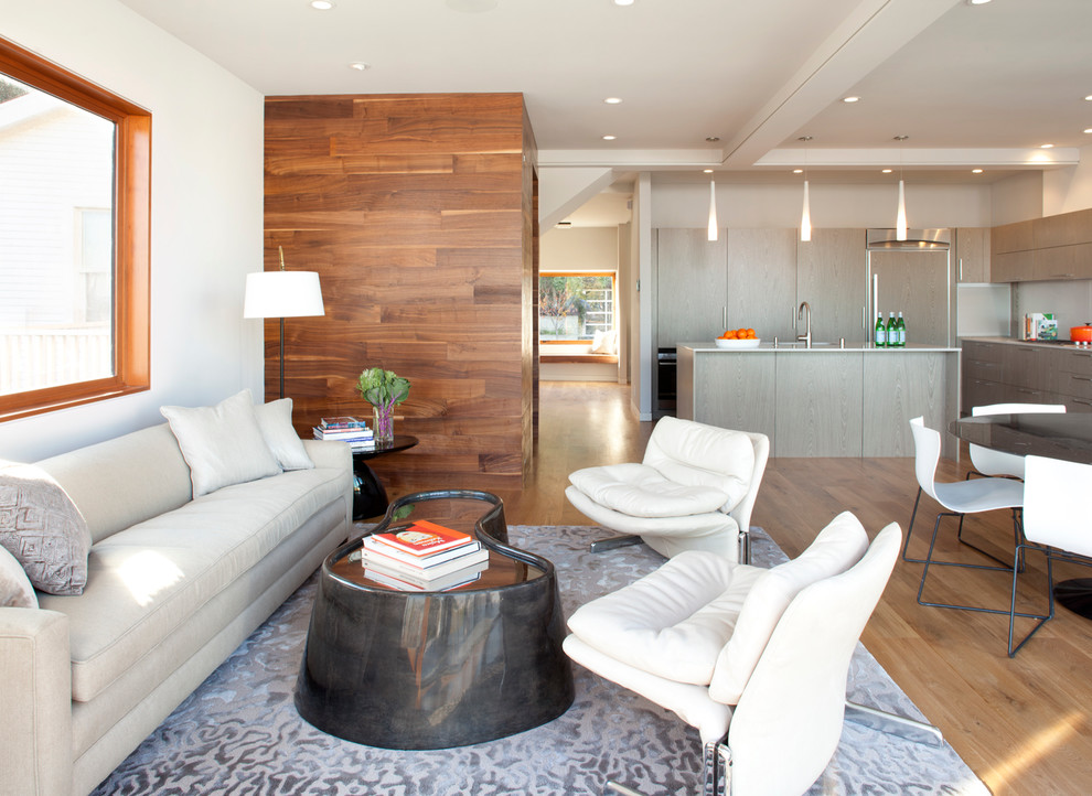 Contemporary open concept living room in San Francisco with light hardwood floors.