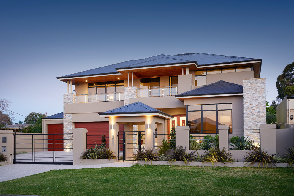 Inspiration for a large contemporary three-storey beige exterior in Perth with stone veneer.
