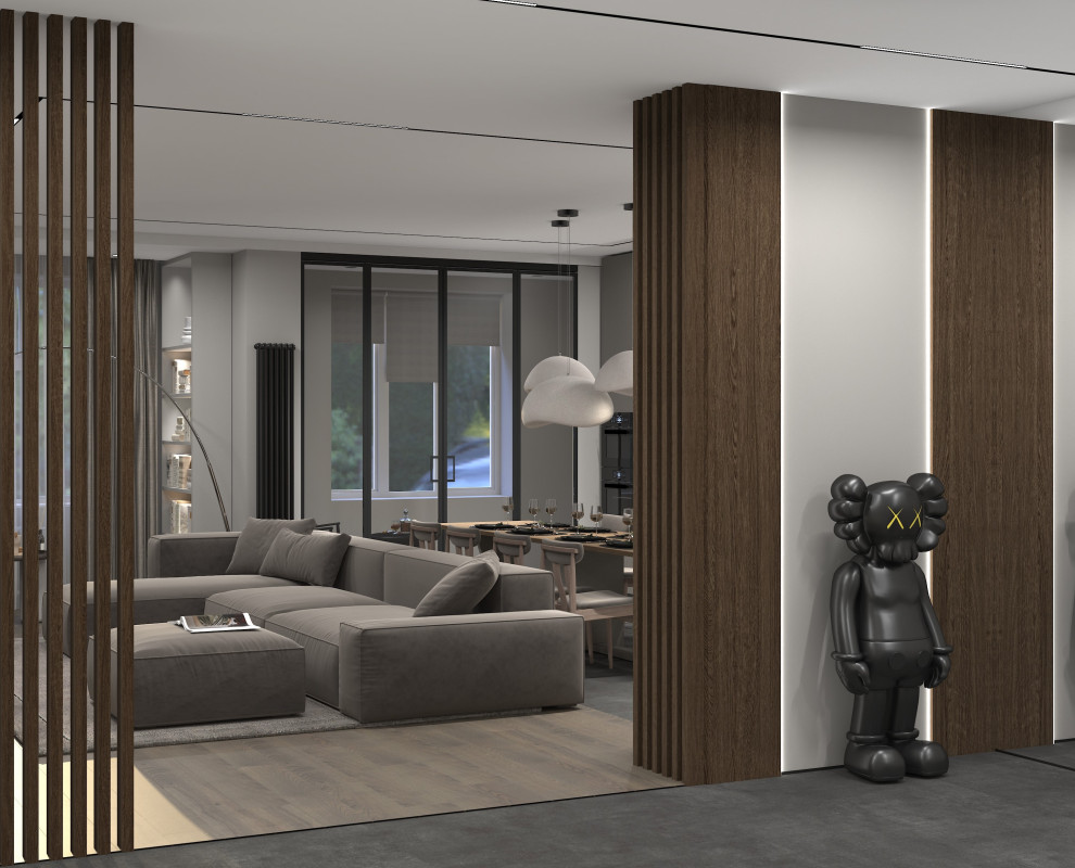 Квартира для современной семейгой пары. Холл и кухня-гостиная.