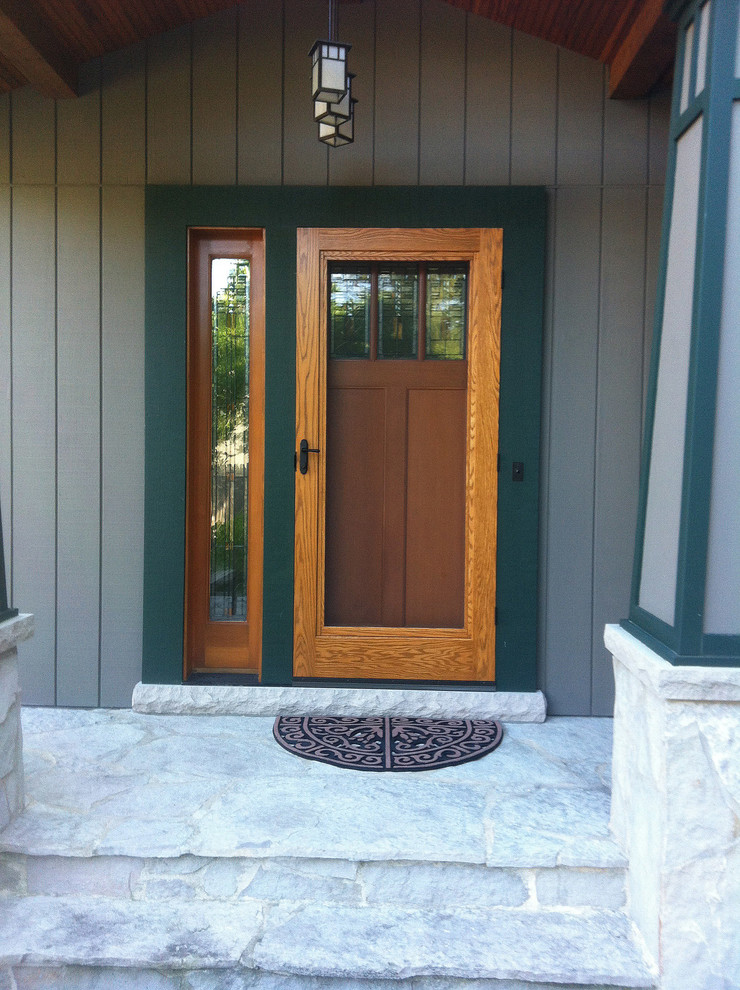 Small minimalist wood gray entryway photo in Chicago