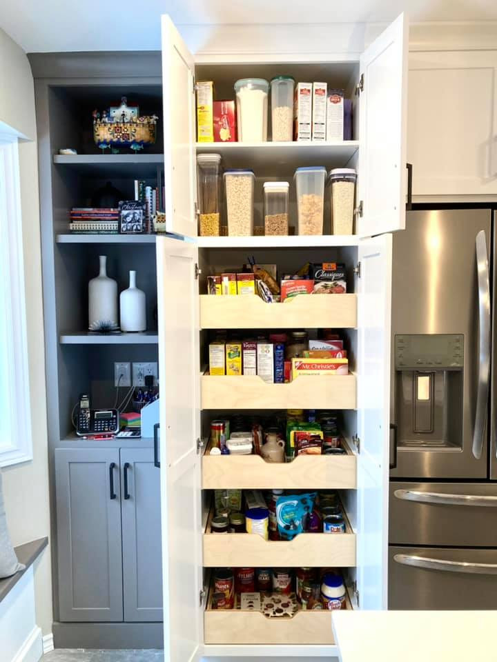 Enclosed kitchen - mid-sized transitional galley ceramic tile and gray floor enclosed kitchen idea with a double-bowl sink, shaker cabinets, white cabinets, quartz countertops, gray backsplash, ceramic backsplash, stainless steel appliances, an island and white countertops