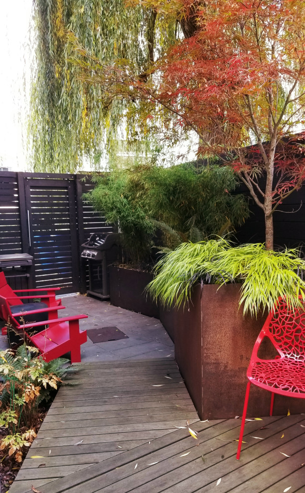 Kleiner, Schattiger Moderner Garten im Sommer, neben dem Haus mit Hochbeet, Betonboden und Holzzaun in Seattle
