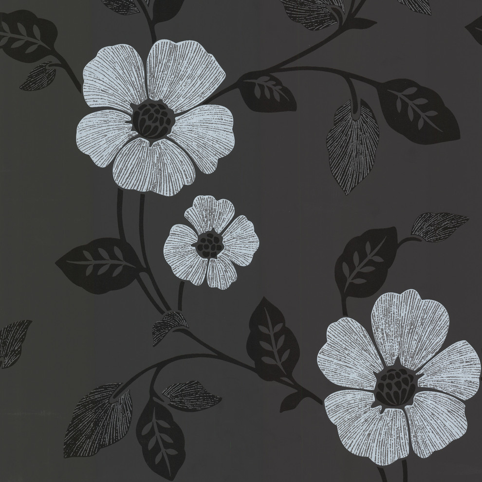 Zync Black Modern Floral Wallpaper, Swatch