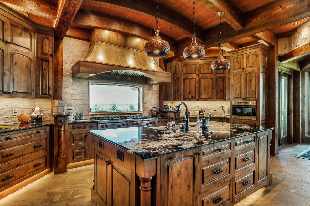 Mountain style wood ceiling kitchen photo in Calgary
