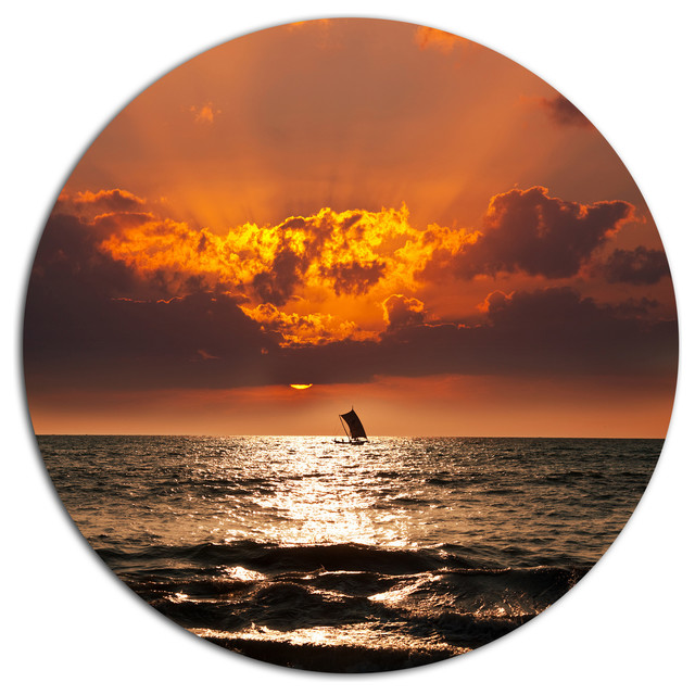Sunset Beach with Distant Sail Boat, Seashore Round Metal Wall Art