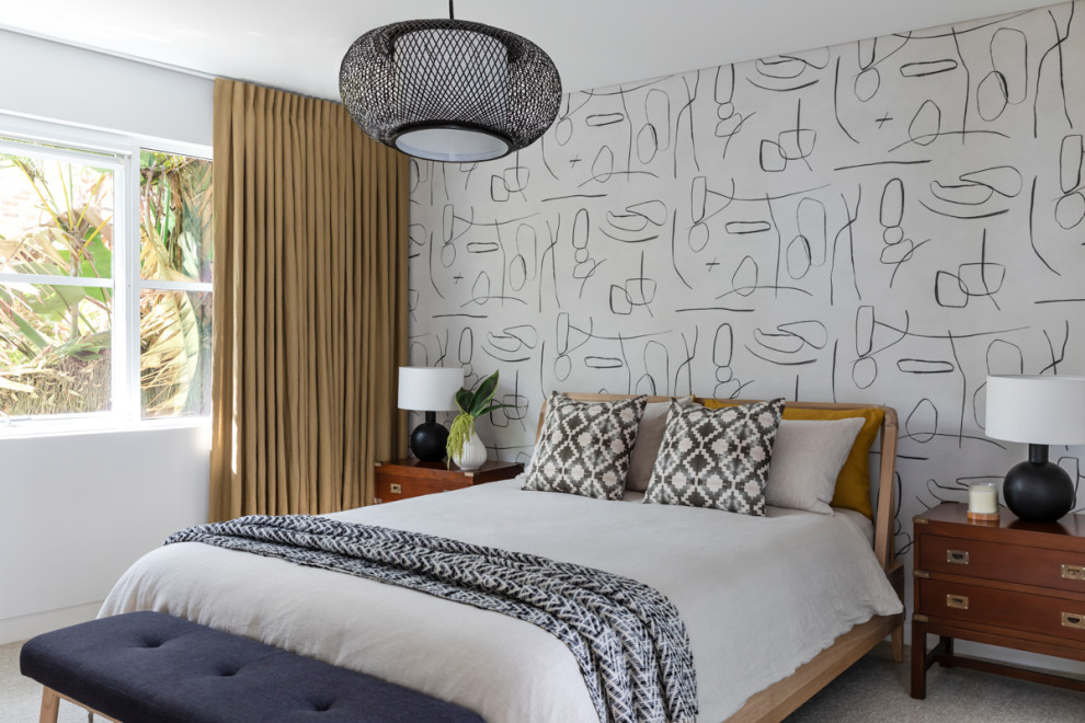 Design ideas for a contemporary bedroom in Sydney with white walls and wallpaper.