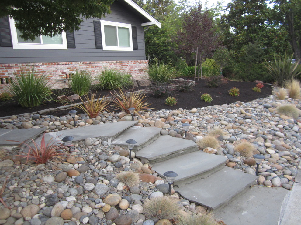 Inspiration for a mid-sized contemporary side yard partial sun xeriscape in San Francisco with natural stone pavers.