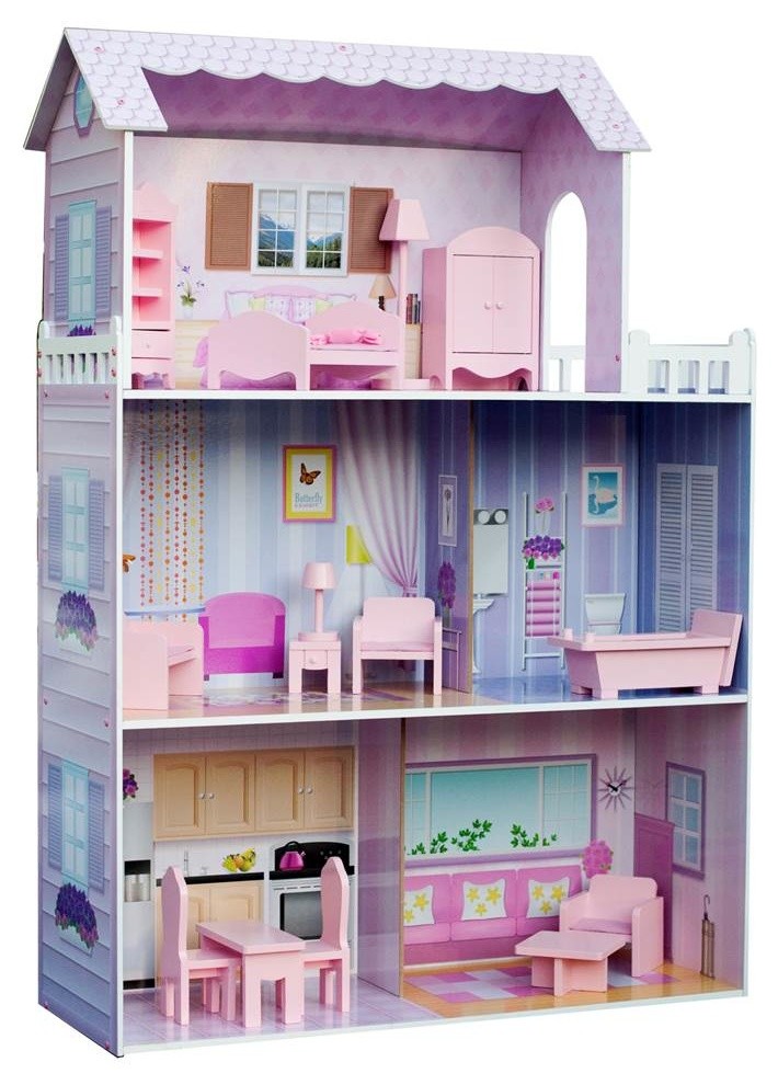 Teamson Kids Fancy Mansion Wooden Doll House With 13 Piece Furniture