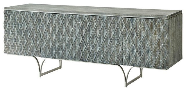 Carved Wood Diamond Harlequin Media Cabinet Silver Gray Argyle