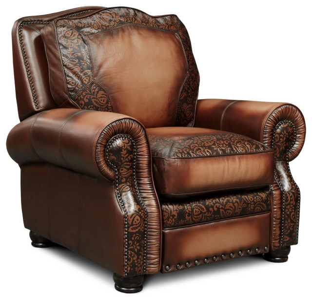 Balmoral Top Grain Leather Recliner With Hand Tool Damask Traditional
