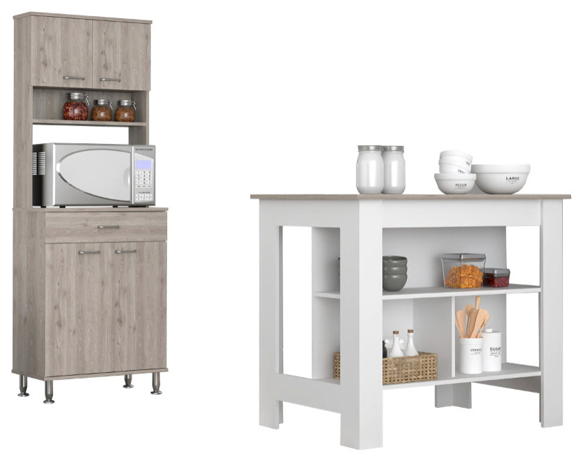 Calgary 2 Piece Kitchen Set, Kitchen Island & Pantry Cabinet, White/Light Gray