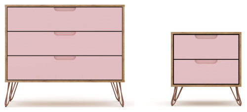 Rockefeller Dresser and Nightstand Set, Nature and Rose Pink