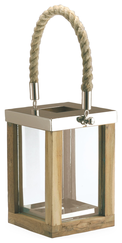 Beach Style Teak Stainless Steel Square Outdoor Candle Lantern