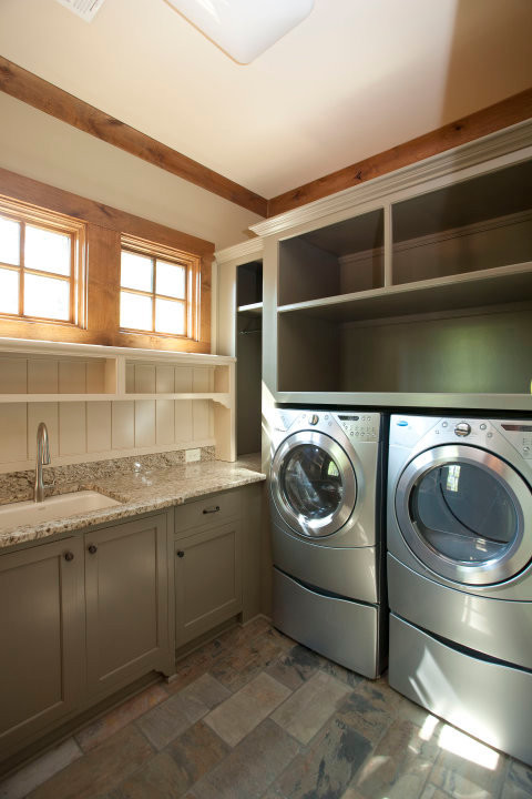 Design ideas for a mid-sized country l-shaped dedicated laundry room in Atlanta with an undermount sink, shaker cabinets, grey cabinets, quartz benchtops, beige walls, slate floors, a side-by-side washer and dryer and multi-coloured floor.