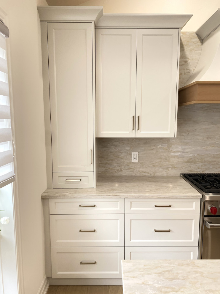 Open concept kitchen - small transitional galley light wood floor and vaulted ceiling open concept kitchen idea in Toronto with an undermount sink, recessed-panel cabinets, white cabinets, quartz countertops, quartz backsplash and stainless steel appliances