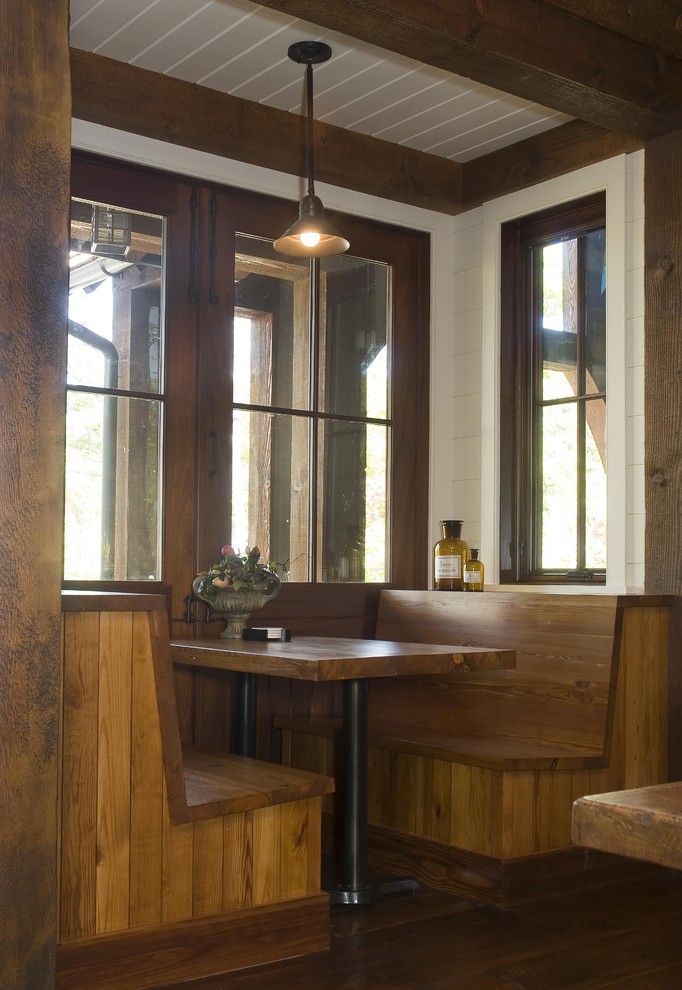 Inspiration for a small country open plan dining in Other with dark hardwood floors, white walls and no fireplace.