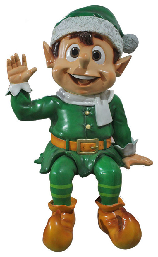 32" Sitting And Waving Santa Elf Contemporary Holiday Accents And
