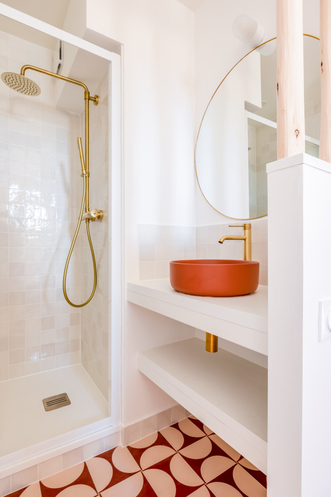 This is an example of a small scandinavian shower room bathroom in Other with open cabinets, white cabinets, an alcove shower, beige tiles, ceramic tiles, white walls, cement flooring, a built-in sink, laminate worktops, white worktops, a single sink and a floating vanity unit.