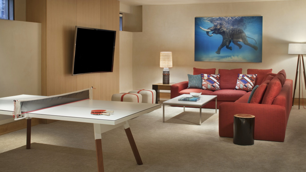 Immagine di un soggiorno minimal di medie dimensioni e chiuso con sala giochi, moquette e TV a parete