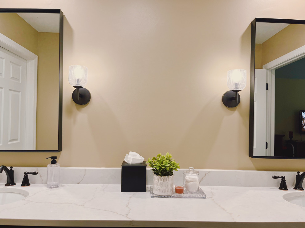 Alcove shower - mid-sized transitional master ceramic tile porcelain tile, beige floor and double-sink alcove shower idea with shaker cabinets, dark wood cabinets, a two-piece toilet, beige walls, an undermount sink, quartz countertops, beige countertops and a built-in vanity