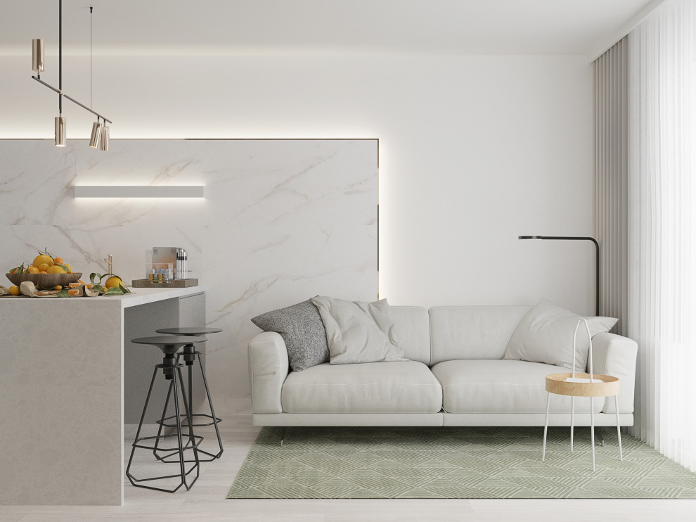 Дизайн интерьера маленькой кухни с барной стойкой, диваном и ТV зоной.