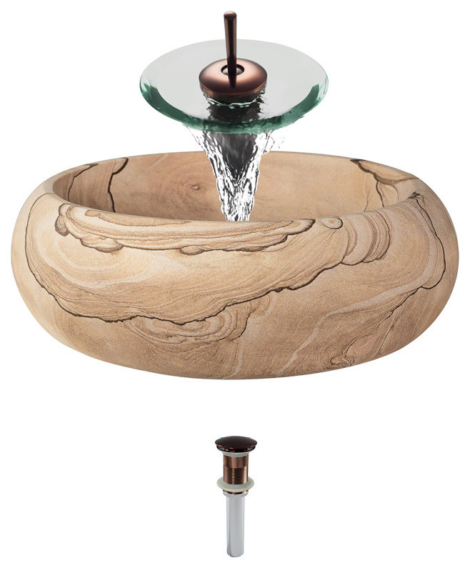 869 Sandstone Vessel Sink, Oil Rubbed Bronze, Waterfall Faucet