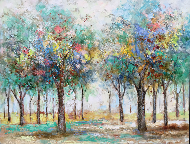 Vibrant Spring Forest Hand Painted Oil Painting, Modern Original Art