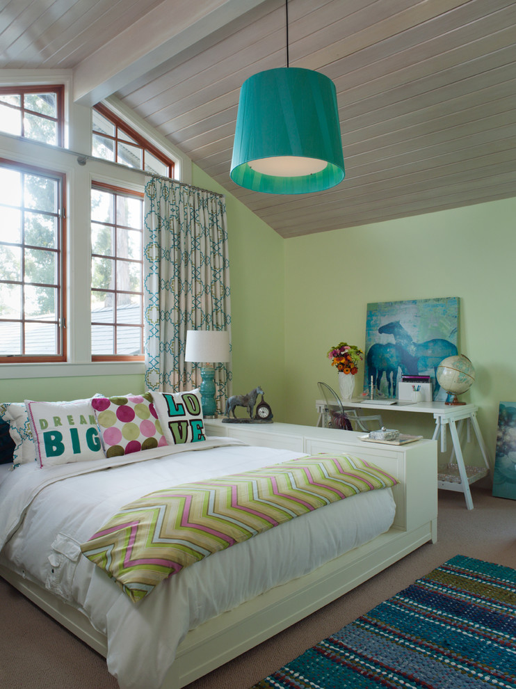 Design ideas for a contemporary kids' room for girls in San Francisco with green walls.
