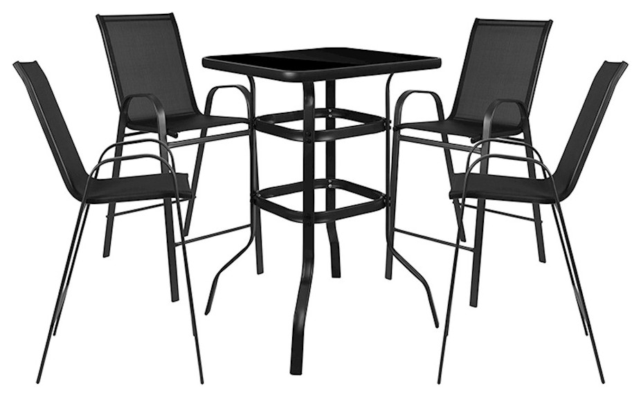 Flash 5 Piece Outdoor Glass Bar Patio Set, 4 Barstools Industrial