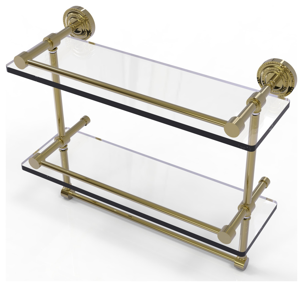 Dottingham 16" Gallery Double Glass Shelf With Towel Bar Transitional