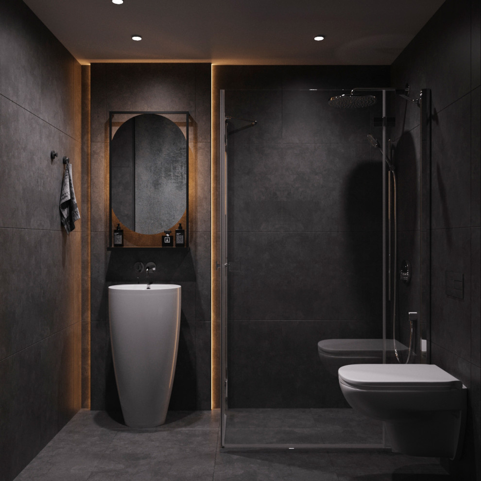 Mittelgroßes Industrial Duschbad mit grauen Fliesen, Keramikfliesen, Einzelwaschbecken und eingebautem Waschtisch in Sonstige