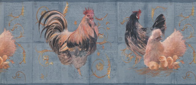 Wallpaper Border - Blue Hens Rooster Wallpaper Border, Prepasted