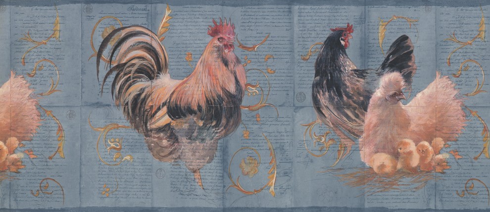 Wallpaper Border - Blue Hens Rooster Wallpaper Border, Prepasted