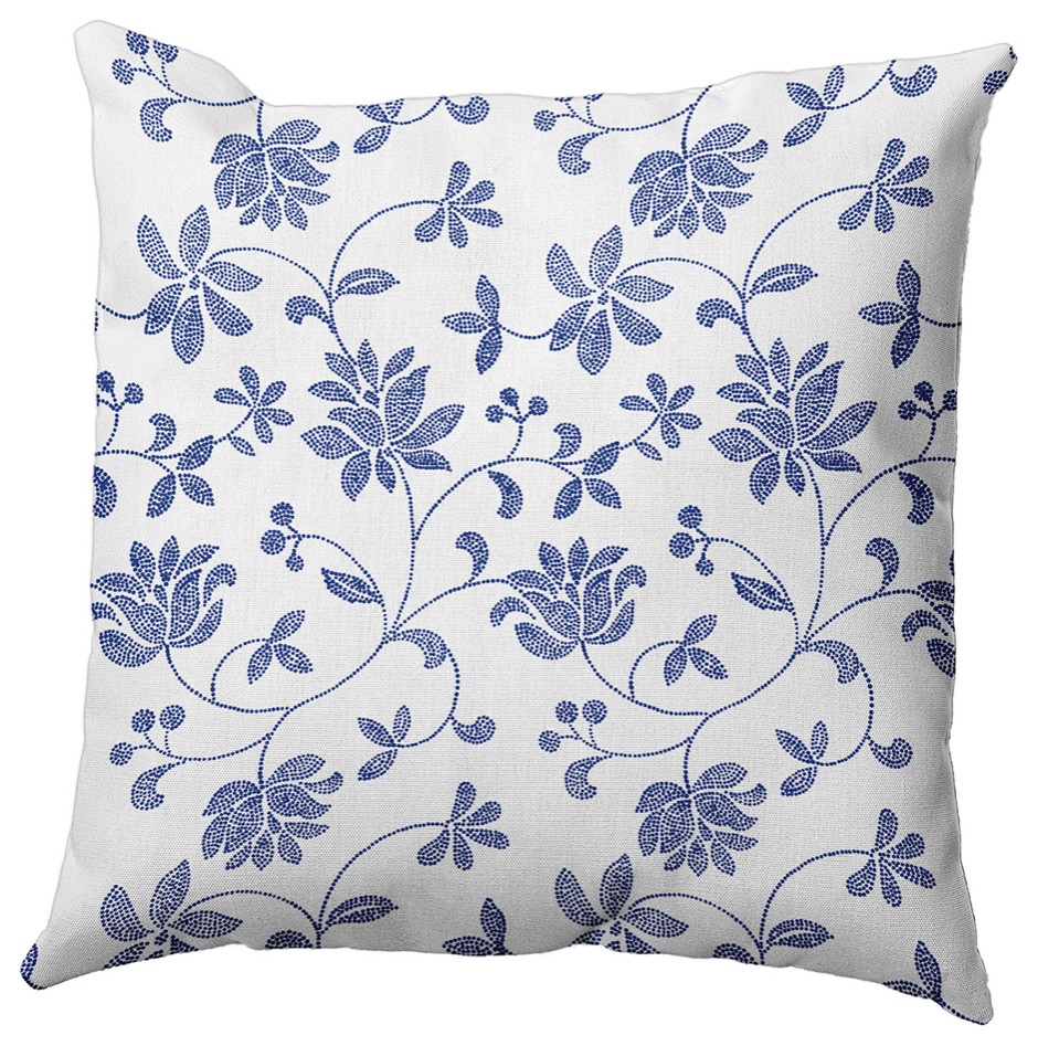 Traditional Floral Polyester Indoor Pillow, Porcelain Blue, 18"x18"