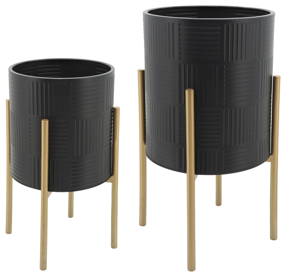 S/2 Planter W/ Lines On Metal Stand, Black/gold