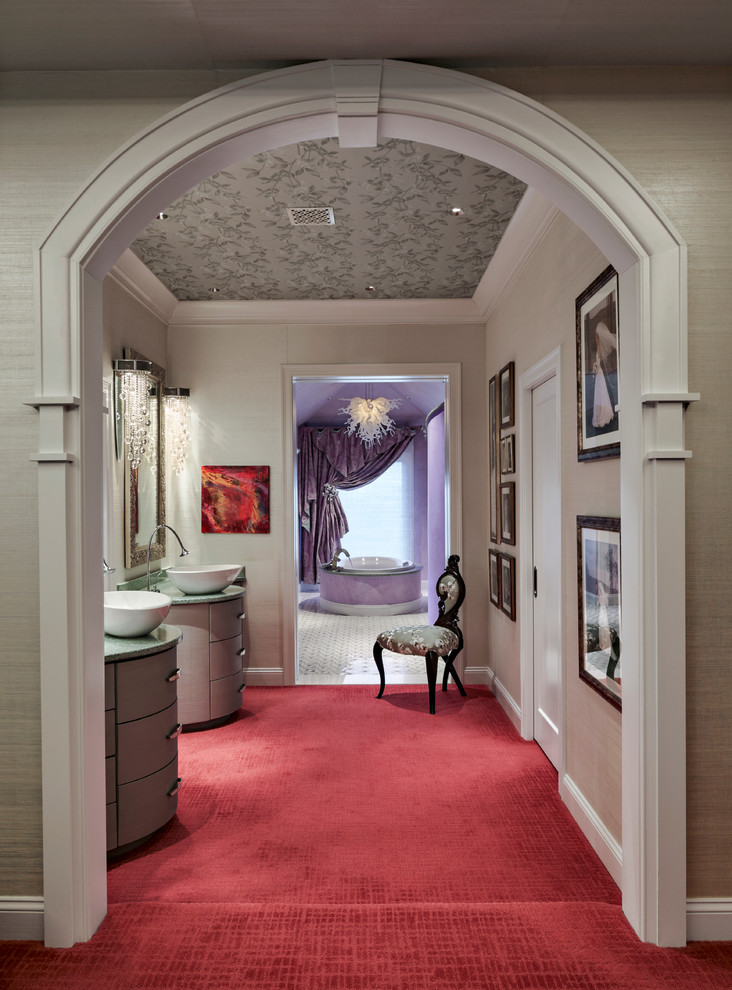 Example of a large transitional master porcelain tile and multicolored floor drop-in bathtub design in Bridgeport with furniture-like cabinets, gray cabinets, gray walls and a vessel sink