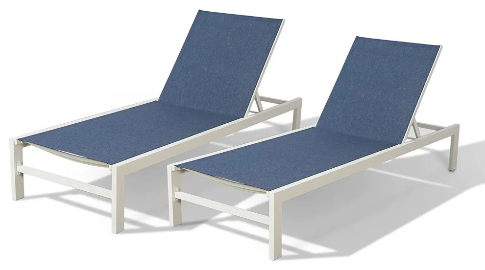 Set of 2 Patio Chaise Lounge, White Aluminum Frame & Mesh Navy Sling
